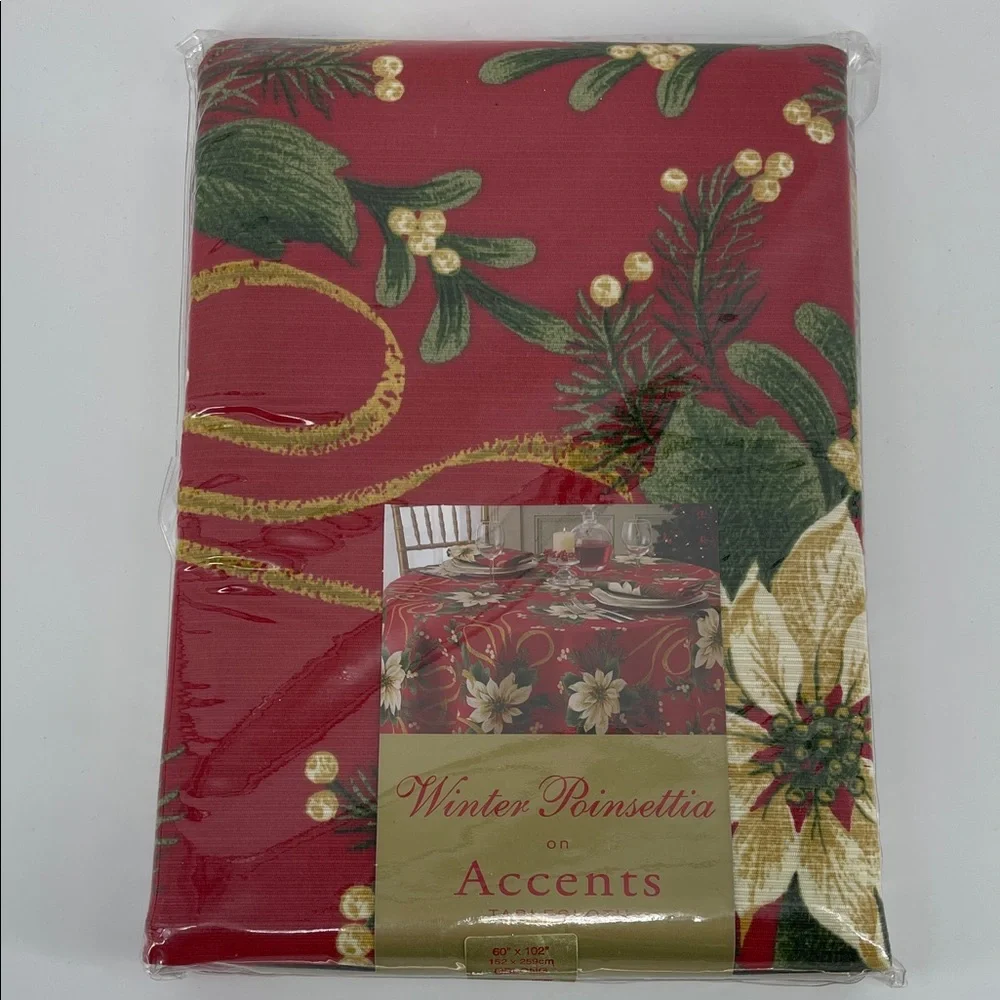 NEW Winter Poinsettia on Accents Red Holiday Print Tablecloth, Oblong 60